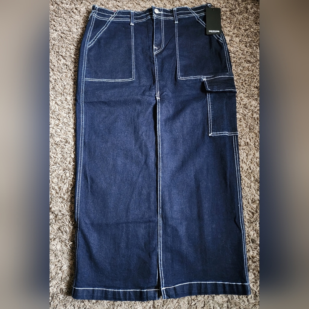 NWT True Religion Dark Navy Denim Cargo Maxi Skirt Size 30